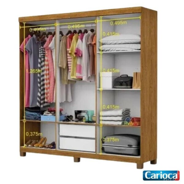 Roupeiro Solteiro Recife Cinamomo/Branco 6 Portas 2 Gavetas C/Ps Larg. 1.53m - Carioca