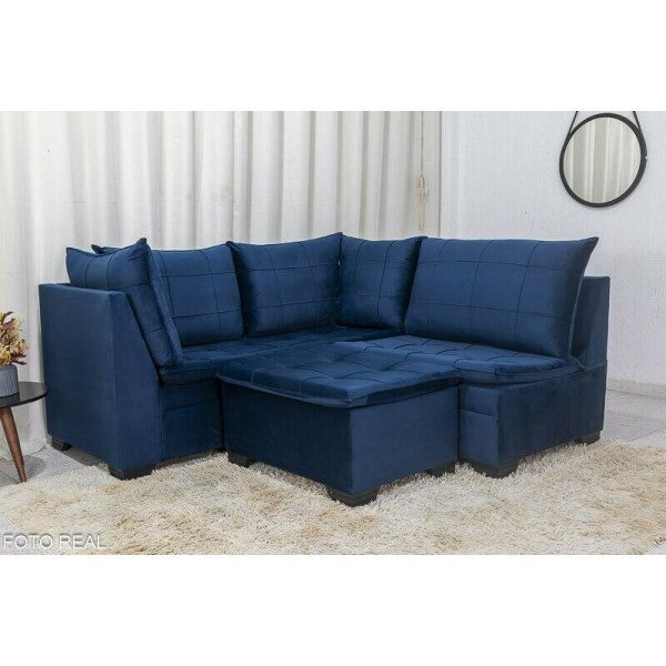 Sof Canto 5 lugares com Puff Viena Veludo Azul A16