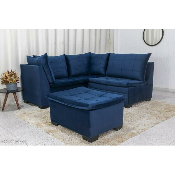 Sof Canto 5 lugares com Puff Viena Veludo Azul A16