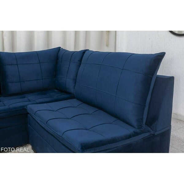 Sof Canto 5 lugares com Puff Viena Veludo Azul A16