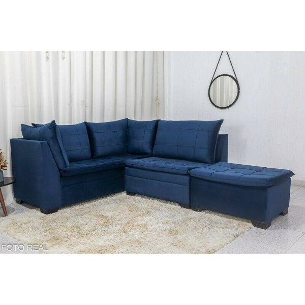 Sof Canto 5 lugares com Puff Viena Veludo Azul A16