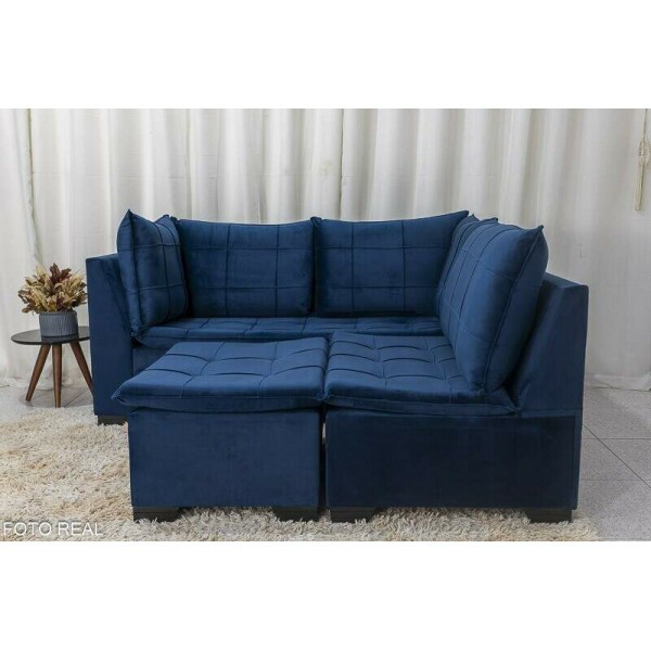 Sof Canto 5 lugares com Puff Viena Veludo Azul A16
