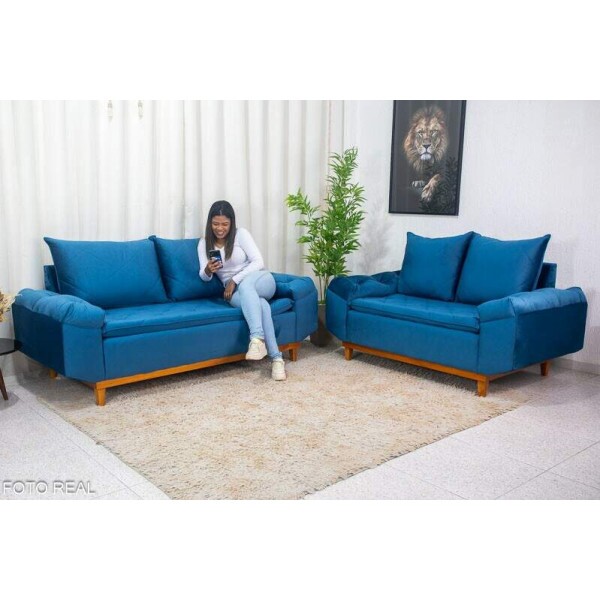 Sof 3 e 2 lugares Blgica Veludo Azul