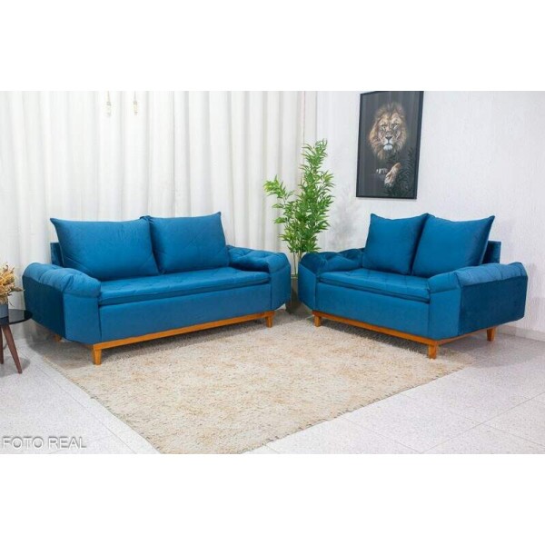 Sof 3 e 2 lugares Blgica Veludo Azul