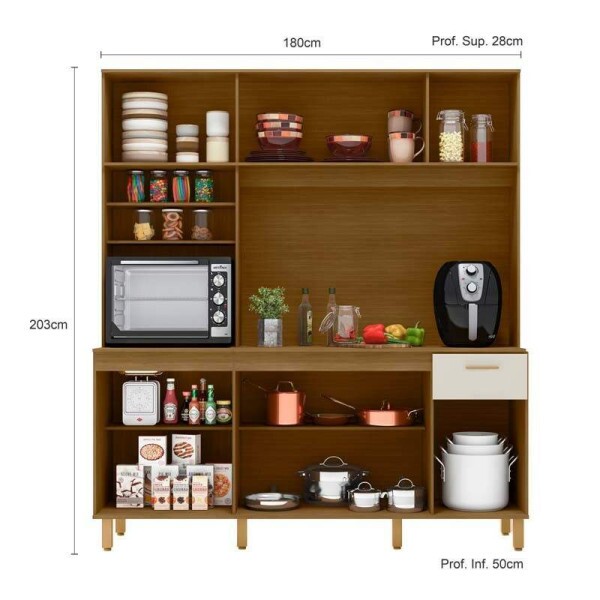 Kit Cozinha Nria Ripado 3D 9 Portas 1 Gaveta Larg. 1.80m Freij/Off Poliman