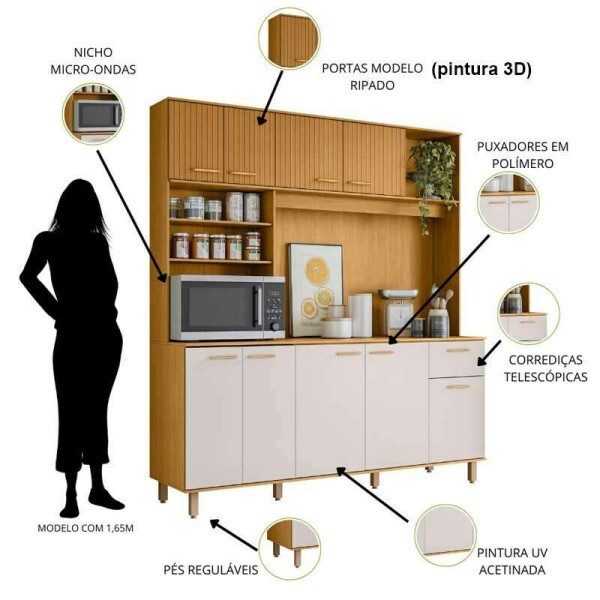 Kit Cozinha Nria Ripado 3D 9 Portas 1 Gaveta Larg. 1.80m Freij/Off Poliman