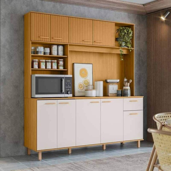 Kit Cozinha Nria Ripado 3D 9 Portas 1 Gaveta Larg. 1.80m Freij/Off Poliman