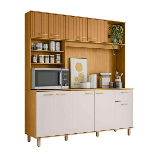 Kit Cozinha Nria Ripado 3D 9 Portas 1 Gaveta Larg. 1.80m Freij/Off Poliman