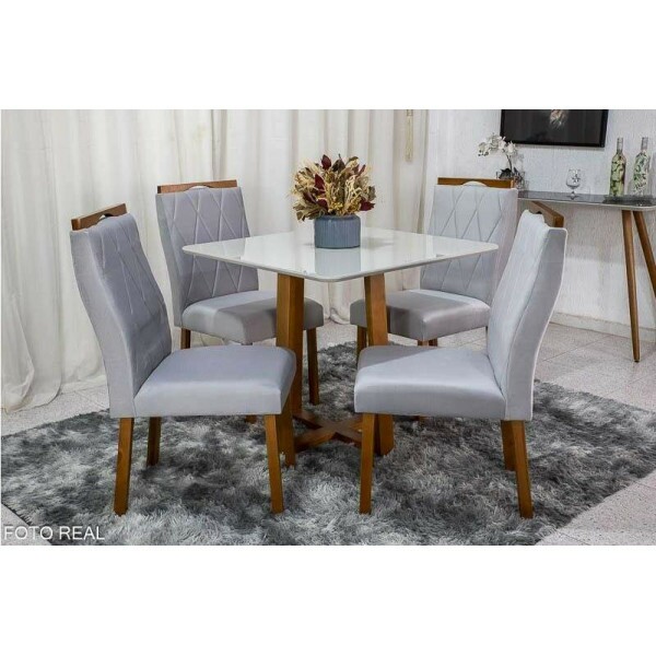 Mesa de Jantar Pedro Mel Vidro Off 9090 4 Cadeiras Lisboa Veludo Prata 514 Madeira Macia Art Assento - Entregue Montada
