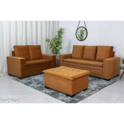 Sof� 3 e 2 lugares Fran�a com Puff Veludo Terracota A62