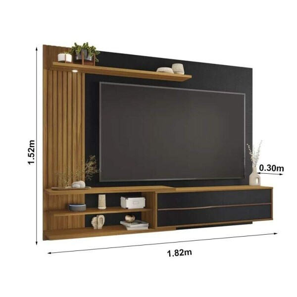 Painel NT 1355 Preto/Freij Ripado C/ Led TV at 65 Polegadas Larg. 1.82m - Notvel