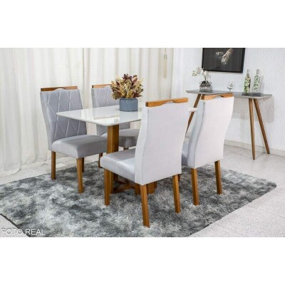 Mesa de Jantar Pedro Mel Vidro Off 12080 4 Cadeiras Lisboa Veludo Prata 514 Madeira Macia Art Assento - Entregue Montada