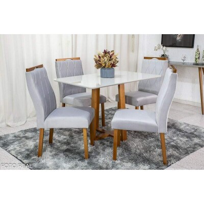 Mesa de Jantar Pedro Mel Vidro Off 12080 4 Cadeiras Lisboa Veludo Prata 514 Madeira Macia Art Assento - Entregue Montada