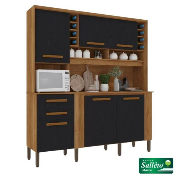 Armrio Cozinha Cinamomo/Preto Catar 6 Portas 2 Gavetas Larg. 2.00m - Sallto