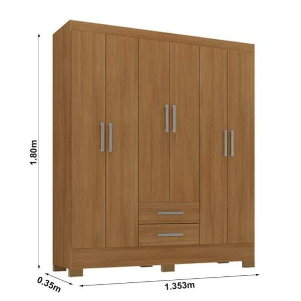 Guarda-Roupa Solteiro Natal 6 Portas 2 Gavetas Larg. 1.35m (GR6223) Cinamomo Com Ps Rodial Mveis