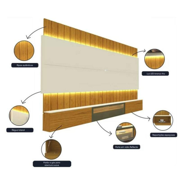 Home Suspenso Soberano Nature/Off Reflecta C/ Led Ripado 100% MDF TV at 85 Polegadas Larg. 2.60m - Gelius
