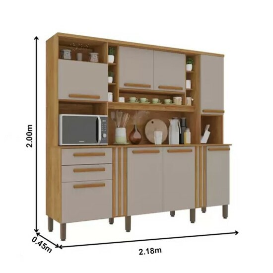 Arm�rio Cozinha Ac�cia Larg. 2.18m Cinamomo/Off 8 Portas 2 Gavetas - Sall�to