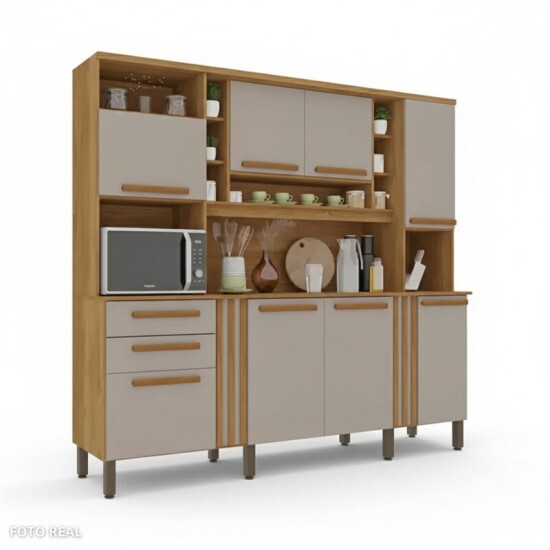 Arm�rio Cozinha Ac�cia Larg. 2.18m Cinamomo/Off 8 Portas 2 Gavetas - Sall�to