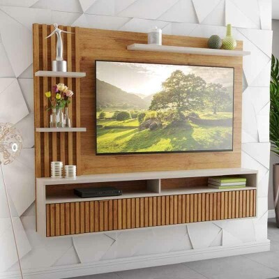 Painel Aurora Larg. 1.80m Mel/Off Detalhe Ripado para TV at� 65