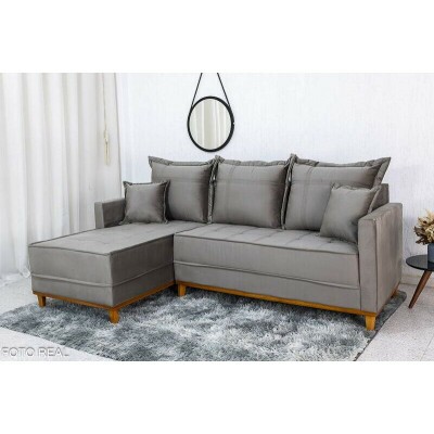 Sof� 3 Lug. Mil�o C/Chaise Lado Direito Veludo Cinza 813 Larg. 2.30m - Molas Ensacadas
