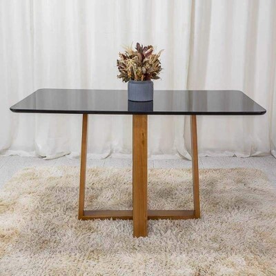 Mesa de Jantar Pedro 160x80 Vidro Preto/Base Madeira Art Assento - Entregue Montada