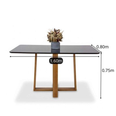 Mesa de Jantar Pedro 160x80 Vidro Preto/Base Madeira Art Assento - Entregue Montada