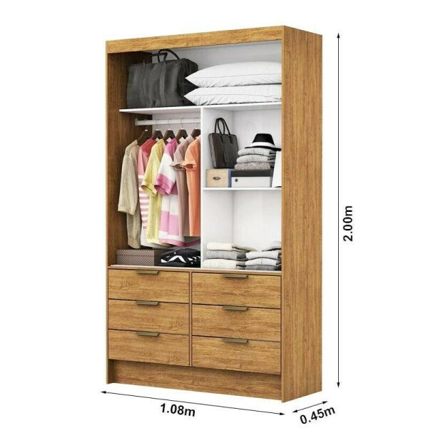 Roupeiro Solteiro Sevilha Cinamomo/Branco 2 Portas C/ 1 Espelho 6 Gavetas Larg. 1.08m - Carioca