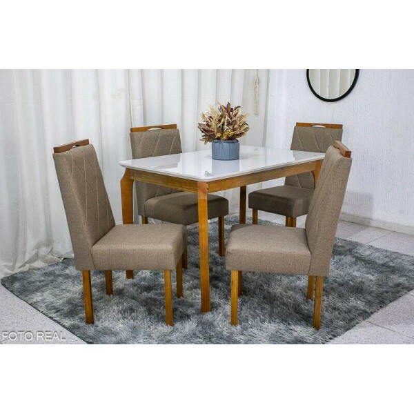 Mesa de Jantar Alegra Tampo Vidro Off 12080 4 Cadeiras Diamante Linho Cappucino 29033 JCM Madeira Macia