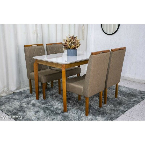Mesa de Jantar Alegra Tampo Vidro Off 12080 4 Cadeiras Diamante Linho Cappucino 29033 JCM Madeira Macia