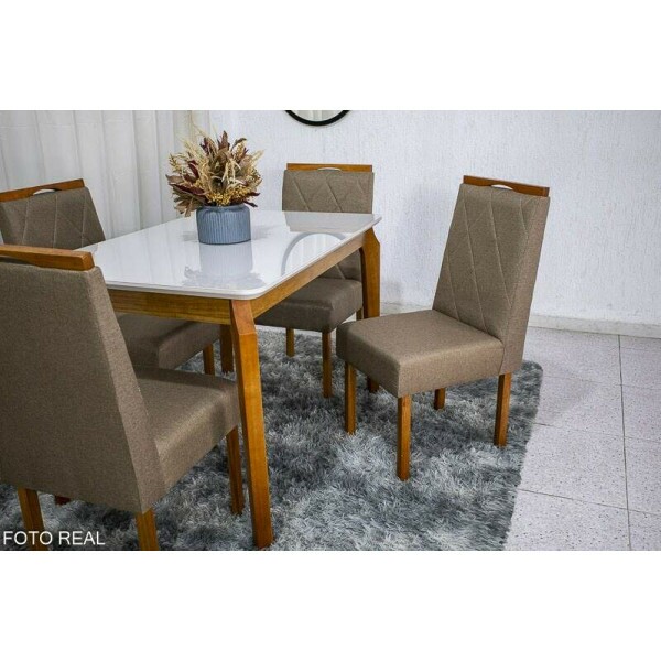 Mesa de Jantar Alegra Tampo Vidro Off 12080 4 Cadeiras Diamante Linho Cappucino 29033 JCM Madeira Macia