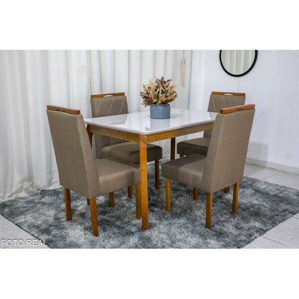 Mesa de Jantar Alegra Tampo Vidro Off 12080 4 Cadeiras Diamante Linho Cappucino 29033 JCM Madeira Macia