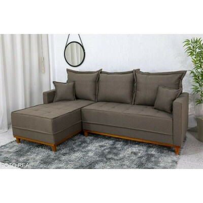 Sof� 3 Lug. Mil�o C/Chaise Lado Direito Linho Marrom 1007 Larg. 2.30m - Molas Ensacadas