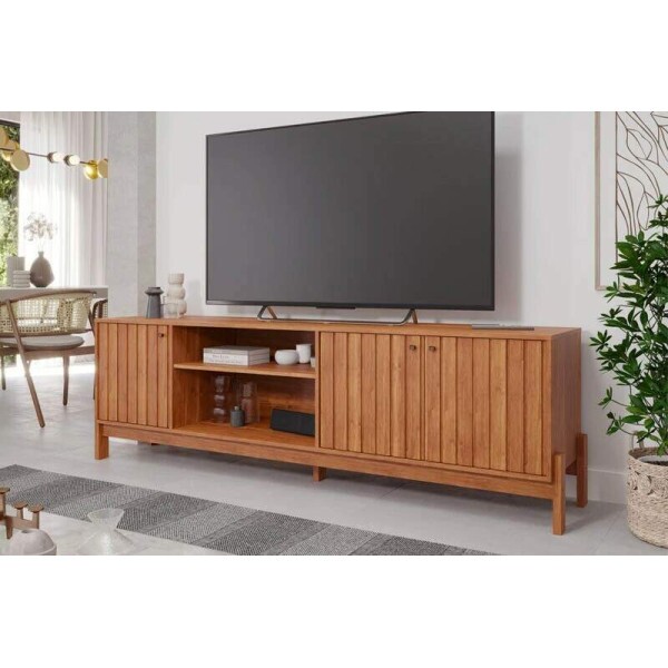 Rack Holanda Cinamomo Ripado 100% MDF Larg. 2.05m + Painel Maragogi Cinamomo Ripado 100% MDF Larg. 2.30m - Permobili
