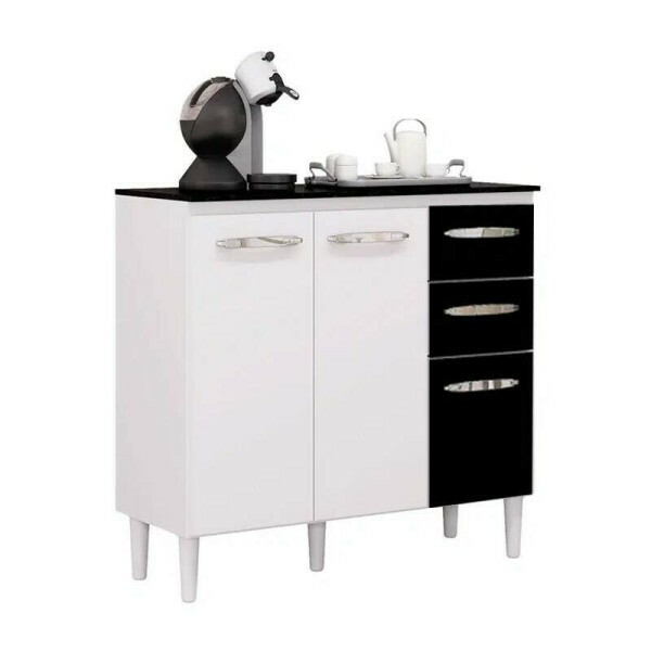 Balco 3 Portas 2 Gavetas C/Tampo Branco/Preto Larg. 1.20m Poquema