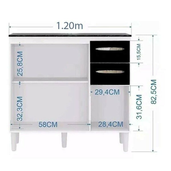Balco 3 Portas 2 Gavetas C/Tampo Branco/Preto Larg. 1.20m Poquema