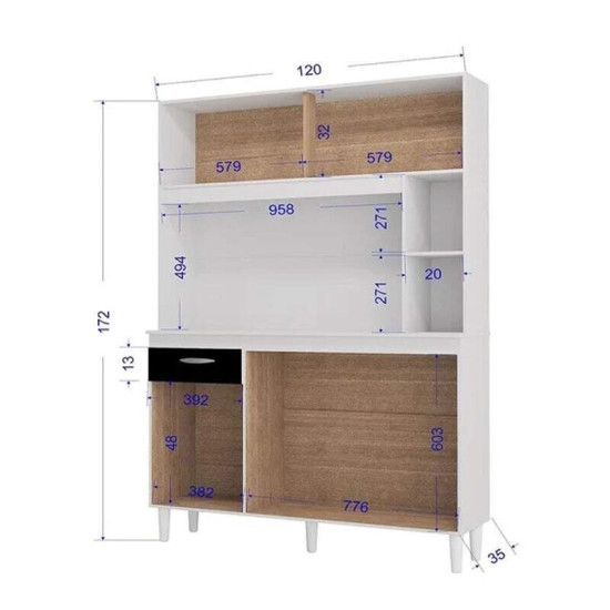Kit de Cozinha 1,20m Duda Branco/Preto 5 Portas 1 Gaveta - Poquema