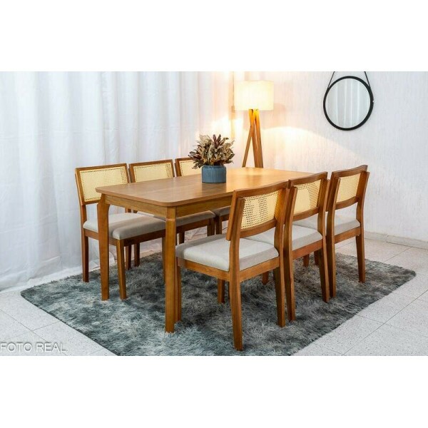 Mesa de Jantar Alegra Tampo Cinamomo 16080 6 Cadeiras Jade Linho Bege 29011 JCM Madeira Macia