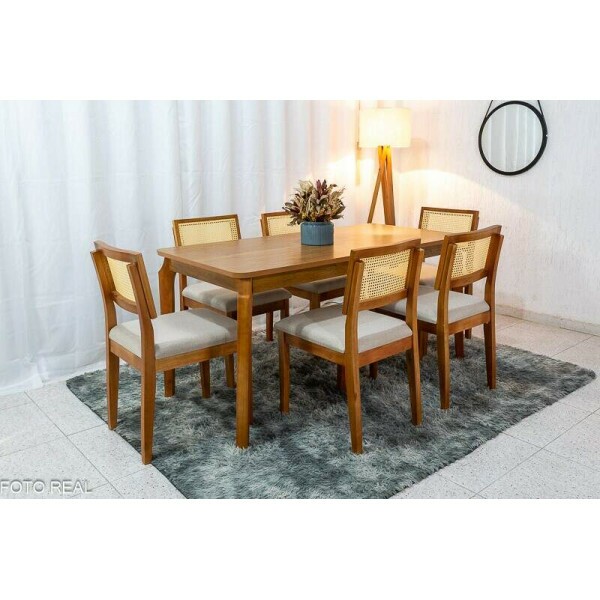 Mesa de Jantar Alegra Tampo Cinamomo 16080 6 Cadeiras Jade Linho Bege 29011 JCM Madeira Macia