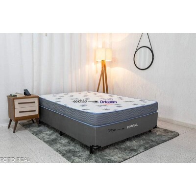 Base Box Casal Veludo Cinza Portobel + Colcho Casal Light Espuma D33 138x188x52 Ortobom