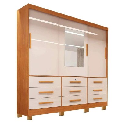 Roupeiro Casal Athenas Nature/Off 3 Portas 9 Gavetas C/ Espelho e Ps 100% MDF Larg. 1.80m - Bianchi