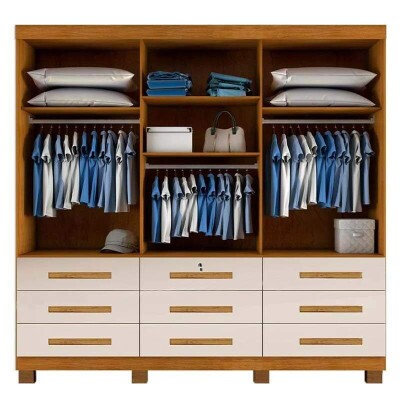 Roupeiro Casal Athenas Nature/Off 3 Portas 9 Gavetas C/ Espelho e Ps 100% MDF Larg. 1.80m - Bianchi