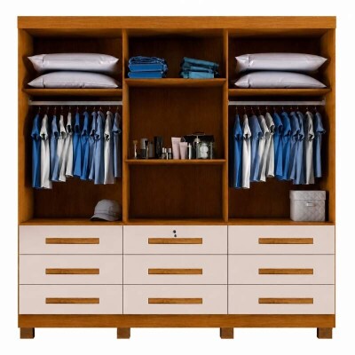 Guarda-roupa Casal Athenas Nature/Off 3 Portas 9 Gavetas C/ Espelho e P�s 100% MDF Larg. 1.80m - Bianchi