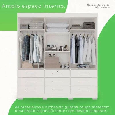 Roupeiro Casal Athenas Branco 3 Portas 9 Gavetas C/ Espelho e P�s 100% MDF Larg. 1.80m - Bianchi