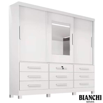 Roupeiro Casal Athenas Branco 3 Portas 9 Gavetas C/ Espelho e P�s 100% MDF Larg. 1.80m - Bianchi