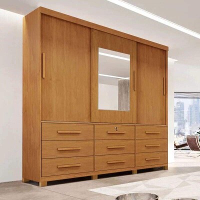 Roupeiro Casal Athenas Nature 3 Portas 9 Gavetas C/ Espelho e Ps 100% MDF Larg. 1.80m - Bianchi
