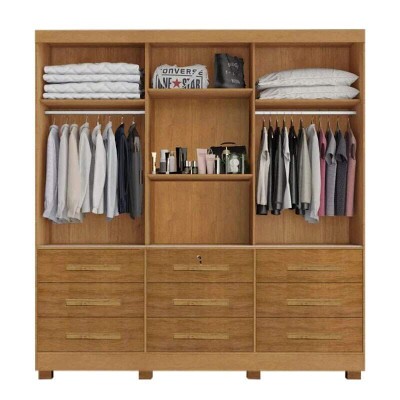 Roupeiro Casal Athenas Nature 3 Portas 9 Gavetas C/ Espelho e Ps 100% MDF Larg. 1.80m - Bianchi