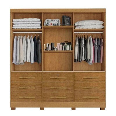 Roupeiro Casal Athenas Nature 3 Portas 9 Gavetas C/ Espelho e P�s 100% MDF Larg. 1.80m - Bianchi