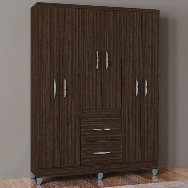 Roupeiro Solteiro Milo Chocolate 6 Portas 2 Gavetas C/Ps Larg. 1.35m - Poquema