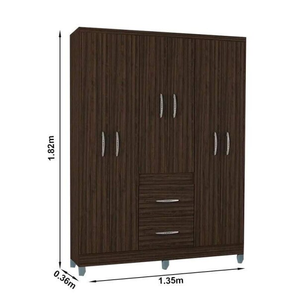 Roupeiro Solteiro Milo Chocolate 6 Portas 2 Gavetas C/Ps Larg. 1.35m - Poquema