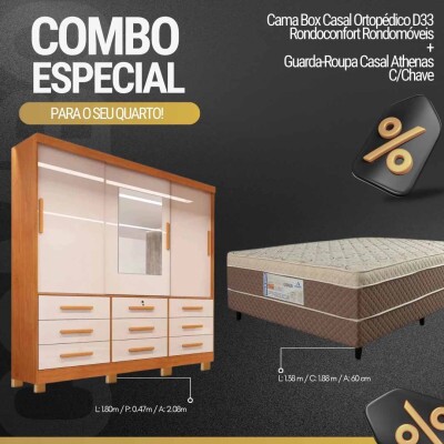 Roupeiro Casal Athenas Nature/Off 3 Portas 9 Gavetas C/ 1 Espelho e Ps 100% MDF Larg. 1.80m - Bianchi + Cama Box Casal Ortopdico Rondoconfort D33 - Rondomveis